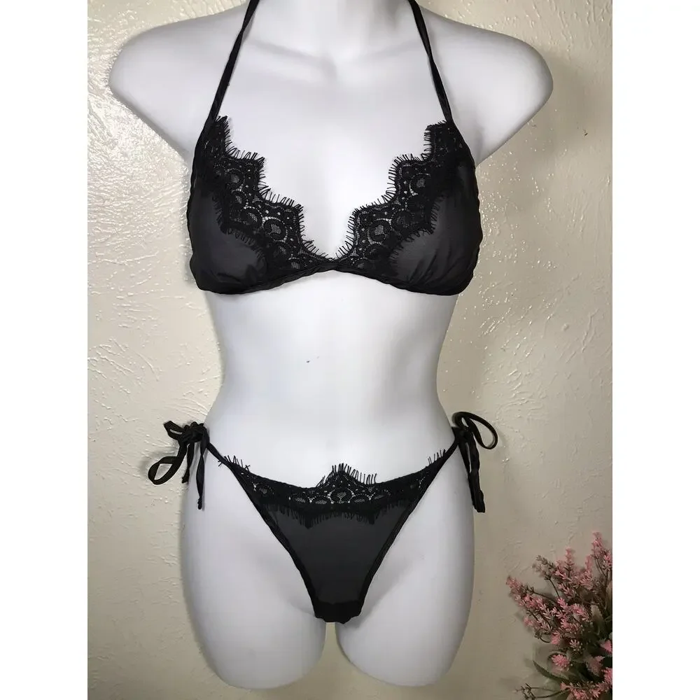 Women Lingerie Sexy Two Piece Eyelash Bra and Panty Strappy Babydoll Strappy S/M